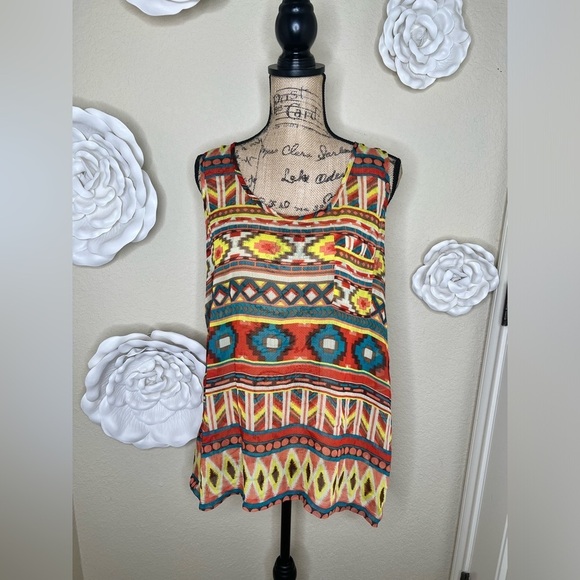 NTM: Umgee Sleeveless Southwestern Aztec Teal Multicolor Sheer Tank Tunic Size L - Picture 1 of 13